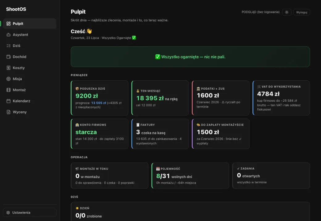 Pulpit ShootOS — kafle z poduszką, podatkami i VAT-em